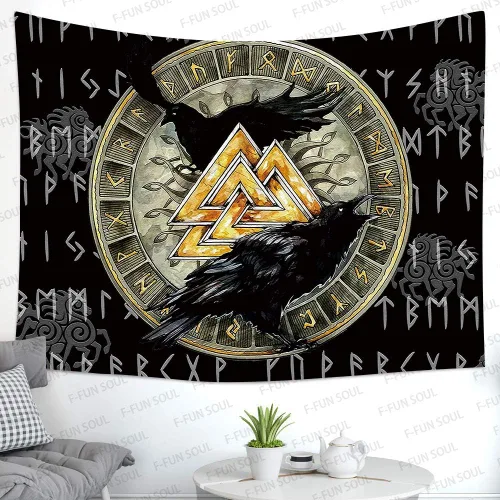 Miniatura 2 de F-FUN SOUL Tapiz nórdico de cuervo vikingo, 40 x 30 pulgadas, misteriosas runas de meditación vikinga, arte nórdico, tapices colgantes de pared