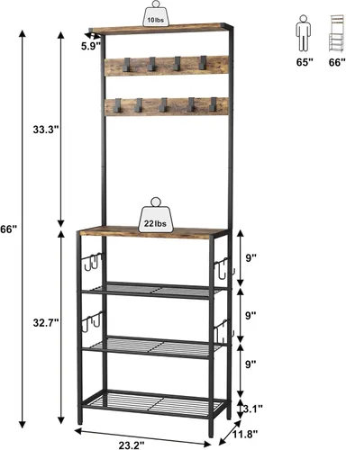 Miniatura 2 de HOMEFORT Perchero con almacenamiento de zapatos, zapatero de 5 niveles y perchero con 9 ganchos para ropa, organizador independiente para árbol