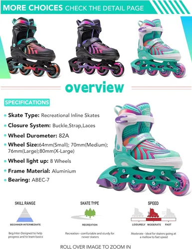 Miniatura 6 de SUPER YOUNGSTER Patines en línea para niñas, niños y niños de 4 a 12 años, patines ajustables con luces para jóvenes y adolescentes de 8 a 12 años