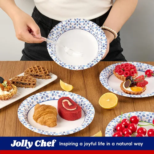 Miniatura 6 de JOLLY CHEF 160 unidades de cuencos de papel de 20 onzas a prueba de remojo, cuencos desechables resistentes estampados al por mayor para cena o Azul