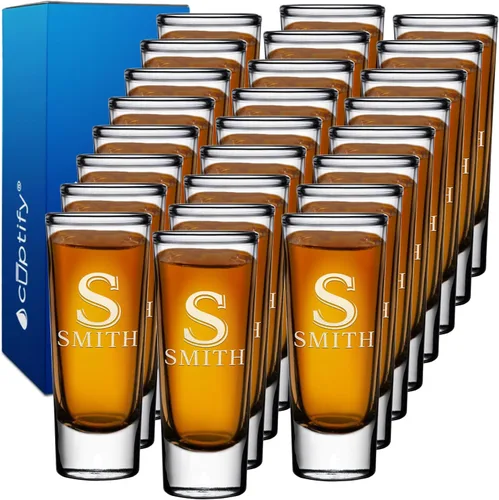 Miniatura 27 de Vaso de chupito personalizado con fondo verde azulado personalizado de 2 oz, vasos de chupito cordial con inicial en script dividido y nombre
