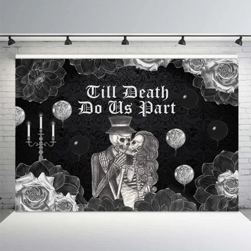 Miniatura 7 de MEHOFOND Telón de fondo de 7 x 5 pies Till Death Do Us Part, decoración gótica de Halloween, fiesta de boda, despedida de soltera, despedida