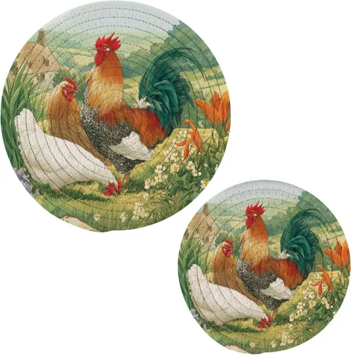 Miniatura 6 de Naanle Juego de 2 salvamanteles tejidos para ollas, 4 de julio, bandera de Estados Unidos, estrellas florales azules, manteles individuales redondos
