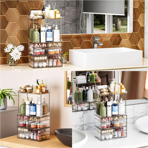 Miniatura 4 de Paquete de 3 organizadores de baño y encimera de almacenamiento con 7 cajones, organizador apilable, organizador de cuidado de la piel de gran