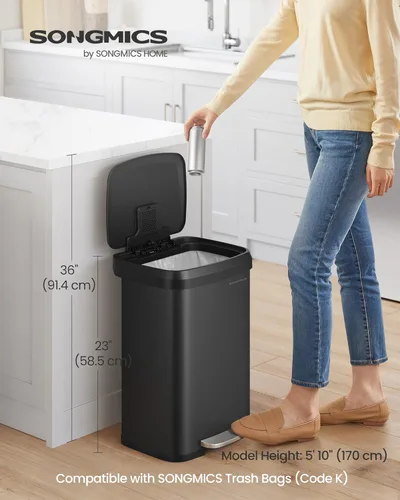 Miniatura 3 de SONGMICS Cubo de basura para cocina, 13 galones (50 L) de acero inoxidable, con tapa que permanece abierta y pedal para pisar, cierre suave, alto