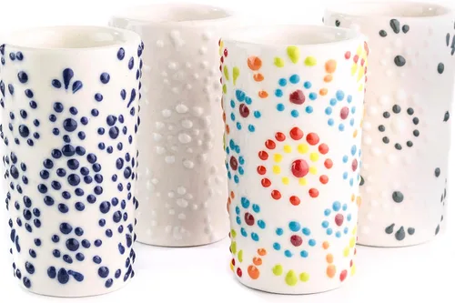 Miniatura 8 de Juego de 4 vasos de chupito Talavera auténticos mexicanos para tequila - Pintados a mano - 2 Oz (Flores naranjas)