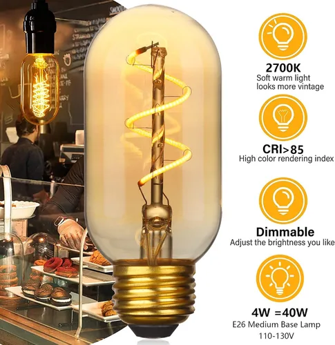 Miniatura 3 de Paquete de 4 bombillas LED T45/T14, bombillas Edison vintage de 4 W, 2700 K, 550 lúmenes, equivalentes a 40 W, bombillas de tubo ámbar amarillo