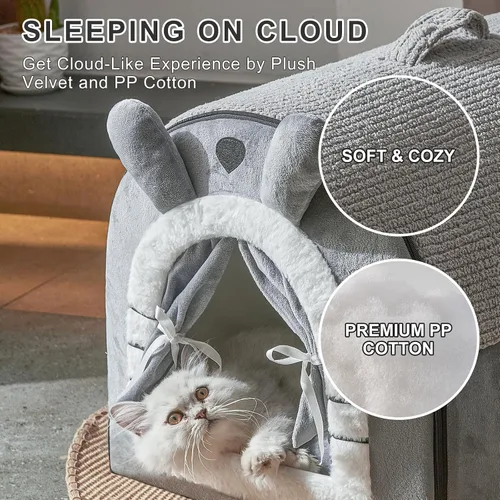 Miniatura 5 de Jiupety Casas para gatos de interior, cama cueva con diseño de cortina de puerta, bonitas camas portátiles con cojín reversible lavable, tamaño S