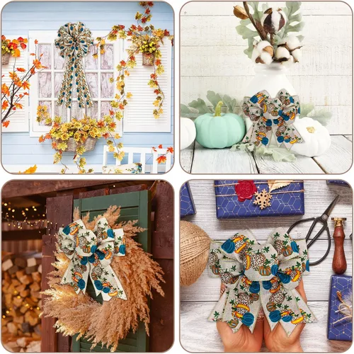 Miniatura 7 de Whaline Cinta de tela de calabaza de otoño con borde con alambre, cinta de tela de calabaza azul, cintas vintage para envolver para cosecha