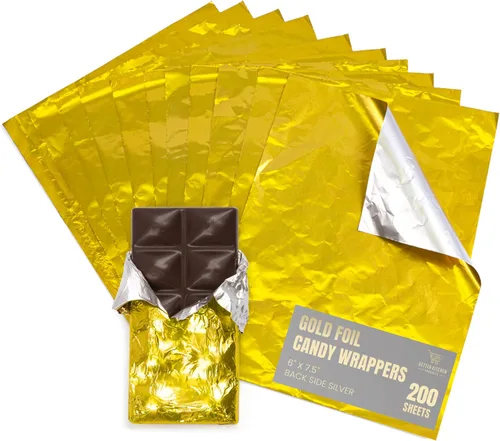 Better Kitchen Products Envolturas de caramelo de papel de aluminio dorado, 6 x 7.5 pulgadas, parte trasera plateada, embalaje individual de
