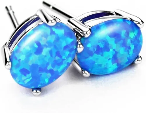 Miniatura 4 de Sterling Silver Opal Stud Earrings for Women Solitaire 6x8mm Oval Cut Opal Gemstone Earrings for Girls