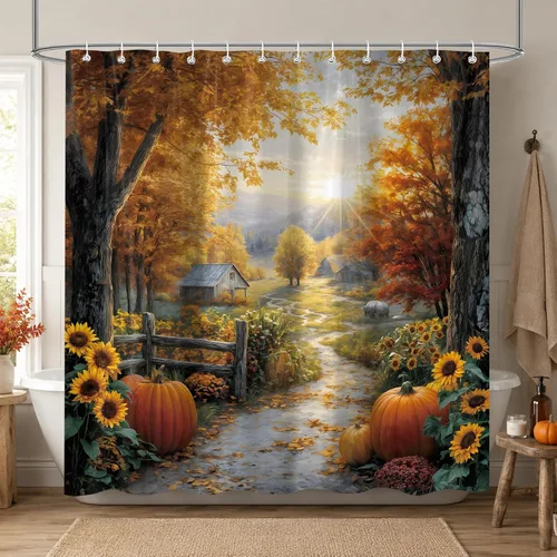 Autumn Country Road Shower Curtain, 60 x 72 Inch Fall Landscape Bathroom Curtain with Pumpkins, Sunflowers, Trees and Farmhouse Path Decor
