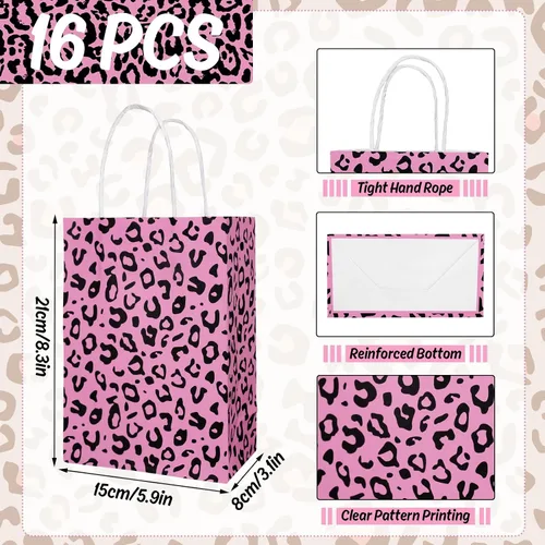 Miniatura 2 de Whaline 16 bolsas de regalo de papel con estampado de leopardo con asas, bolsa de regalo con estampado de animales rosados, bolsas de golosinas