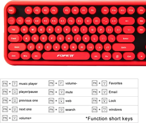 Miniatura 3 de FOPETT V2020 Combo de teclado y mouse inalámbricos, bonito teclado inalámbrico con llave roja redonda estilo retro, conectividad CapSecure de 2.4