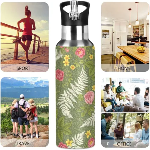 Miniatura 5 de Vintage Botanical Flowers Green Stainless Steel Vacuum Insulated Water Bottle 20 Oz Leakproof Water Bottles, BPA-Free Sports Water Bottle