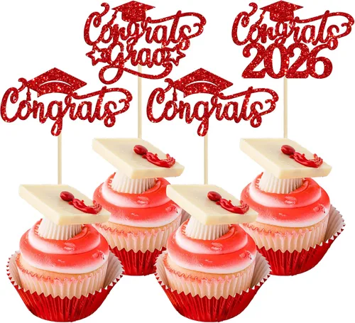 Miniatura 27 de Gyufise 24 piezas de decoración para cupcakes con purpurina para graduación 2026, decoración de pasteles para graduación 2026, decoración de Negro
