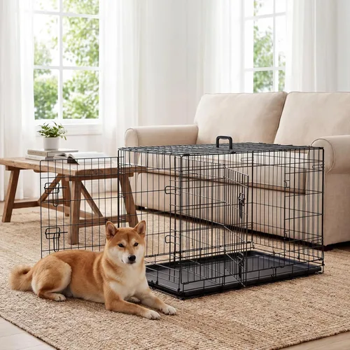 Miniatura 6 de Jaula para perros – Jaula portátil mediana de 36 pulgadas de doble puerta, jaula de alambre de metal para mascotas con bloqueo seguro, bandeja a