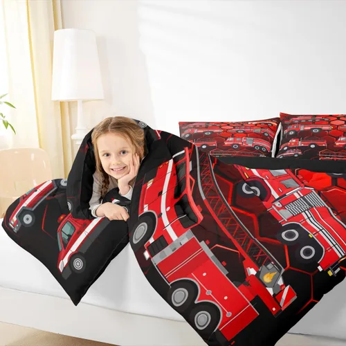 Miniatura 6 de Erosebridal Juego de edredón de camión de bomberos para niños, juego de ropa de cama de panal rojo brillante con diseño de panal de abeja