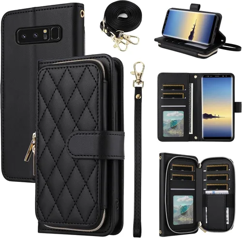 Funda tipo cartera para Samsung Galaxy Note 8 con correa de muñeca desmontable, más de 9 ranuras para tarjetas, monedero con cremallera, soporte de