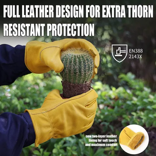 Miniatura 6 de OZERO Leather Work Gloves for Men, Cowhide Gardening Gloves with Reinforced Palm, Flexible Keystone Thumb, Elastic Wrist