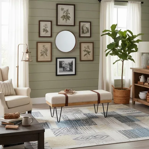 Miniatura 4 de DUOMAY Banco otomano rectangular de lino moderno industrial con correa de poliuretano y patas de metal, mesa de comedor de mediados de siglo, Beige