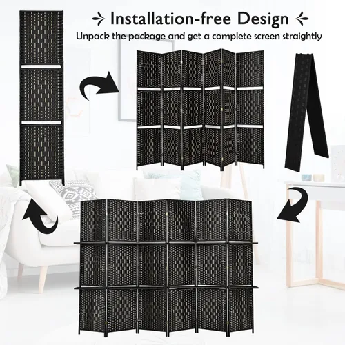 Miniatura 4 de Giantex Divisor de habitación de 6 pies y 6 paneles con estantes, pantallas de privacidad plegables de ratán tejido a mano para separación