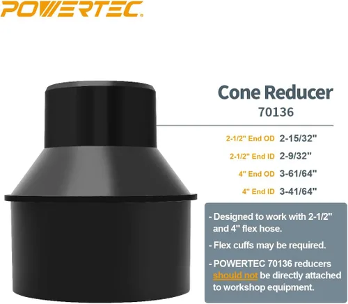 Miniatura 2 de POWERTEC 70349 Reductor de 4 a 2-1/2 pulgadas y manguito flexible de control de polvo de 2-1/2 pulgadas con abrazaderas de manguera de acero