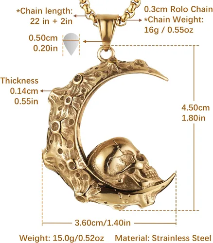 Miniatura 2 de HZMAN Collar con colgante de acero inoxidable con diseño gótico retro de luna creciente y cráneo, cadena de 22+2 pulgadas