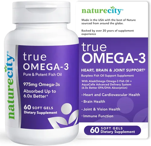 NatureCity True-Omega-3 975 mg Omega-3 Suplementos de aceite de pescado con absorción mejorada de AquaCelle para apoyo cardíaco, cerebro y