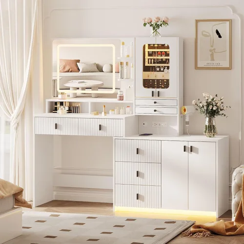 Vabches Escritorio grande de tocador de 59 pulgadas con espejo y luces, mesa de tocador de maquillaje blanca con gabinete de joyería y 7 cajones,