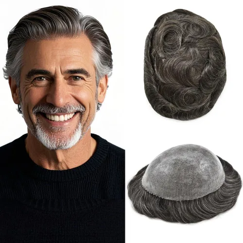 Miniatura 76 de Toupee para hombres Sistema de reemplazo de cabello humano real para hombres Completo PU Mens Hairpiece de aspecto natural para hombre piezas