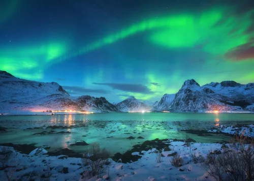 BELECO Telón de fondo de tela de 5 x 3 pies con diseño de aurora boreal, cielo nocturno, montañas cubiertas de nieve, paisaje de lago, cielo