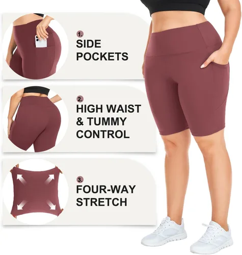 Miniatura 15 de MOREFEEL Pantalones cortos de ciclismo de talla grande de 8 pulgadas con bolsillos para mujer, cintura alta, control de abdomen, pantalones cortos