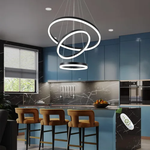 Miniatura 10 de Lámpara colgante LED plateada, lámpara de araña moderna regulable de 3 anillos con control remoto para comedor de techo alto