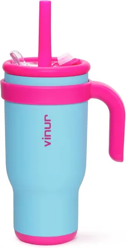 Miniatura 21 de VINUR Vaso para niños con asa - 14 oz de acero inoxidable con aislamiento al vacío de doble pared con tapa y pajita, vaso de agua de viaje
