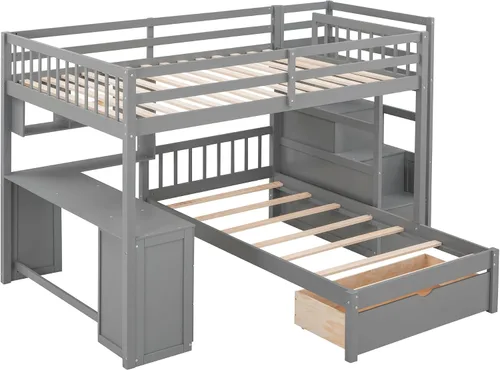 Miniatura 8 de RUNNA Litera matrimonial sobre individual con escritorio, cajones y escaleras, litera de madera maciza para niños, niñas, adolescentes y adultos