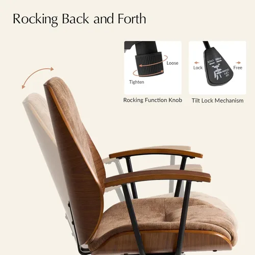 Miniatura 3 de HULALA HOME Silla de oficina de madera maciza con función mecedora, cómoda silla de escritorio de tela con base de madera doblada y metal, silla