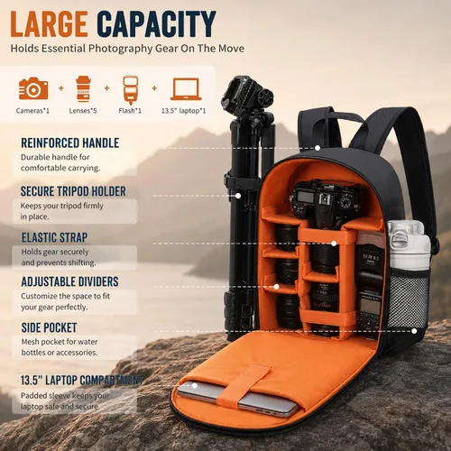 Miniatura 2 de Mochila para cámara DSLR/SLR/sin espejo, funda impermeable profesional para cámara de 11 x 5.9 x 15 pulgadas para fotógrafos, gris, negro, naranja