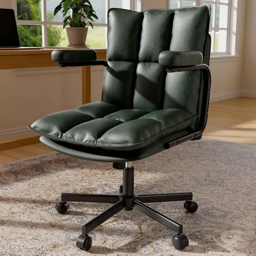 Ollega Mid Century Modern Desk Chair, Vintage Leather Office Chair, Green | Petite Computer Chair for Small to Medium Women, Thickened Back, Cozy