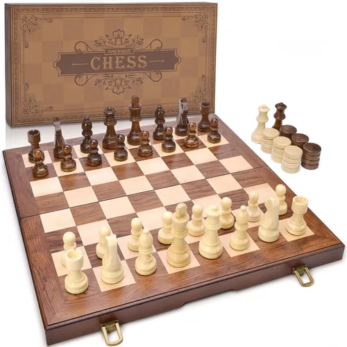 AMEROUS Juego de ajedrez y damas de madera con piezas de ajedrez ponderadas mejoradas, juegos de mesa de ajedrez de 15 pulgadas (2 en 1) para niños,
