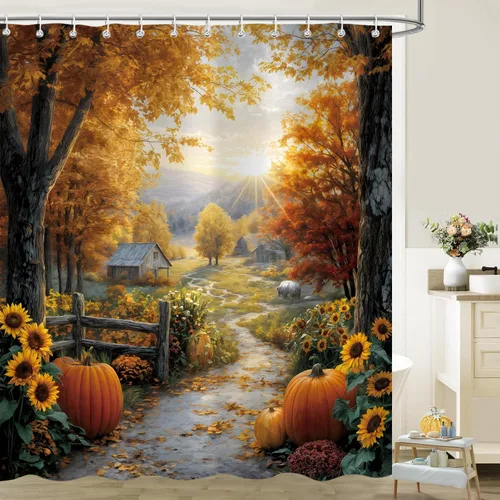 Miniatura 4 de Cortina de ducha de otoño, decoración de baño de árbol de calabaza, 72 x 72 pulgadas, tela de poliéster, cortina de baño impermeable con 12 ganchos