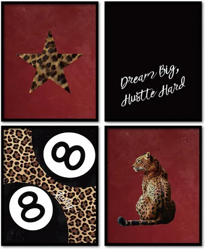 Miniatura 12 de KDHTY Juego de 4 Impresiones Artísticas de Pared Retro Rojas de Moda, Pósters de Arte de Pared Funky Retro Y2K Leopardo Caja de Cerillas Estrella