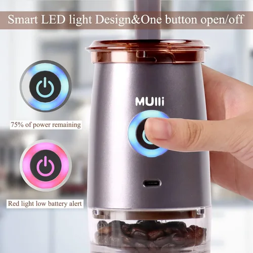Miniatura 5 de Mulli Molinillo de café portátil, molinillo eléctrico para café, molinillo de rebabas ajustable con 5 ajustes precisos de molienda para goteo
