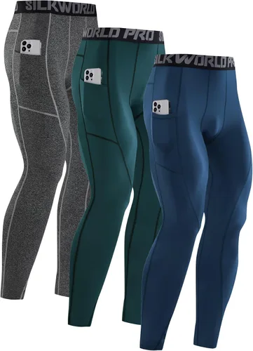Miniatura 40 de SILKWORLD Paquete de 1 a 3 pantalones de compresión para hombre, con bolsillos, leggings de gimnasio y secado fresco