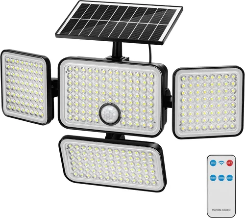Miniatura 13 de 1 reflector solar de 3000 lm para exteriores con panel solar mejorado, 4 luces con sensor de movimiento de cabeza, luz de inundación con cable