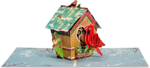 Miniatura 6 de Frndly by Paper Love Bird House Tarjeta de Navidad Pop Up, Tarjetas de Felicitación Emergentes 3D Hechas a Mano, Para Navidad o Días Festivos, 100%