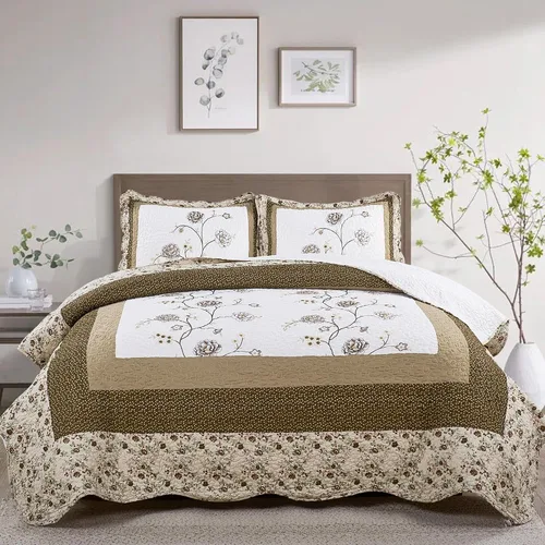 Home Soft Things Dorset - Juego de colcha de 3 piezas con bordado floral con borde festoneado, rústico, desgastado y chic, vintage, suave, ligero,