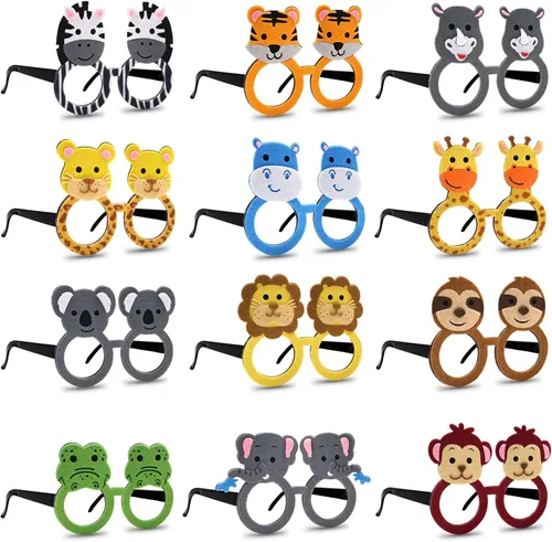 Bessmoso Paquete de 12 vasos de animales de la selva, disfraz de safari, regalos de fiesta, 12 tipos de anteojos para zoológico de mascotas, fiesta
