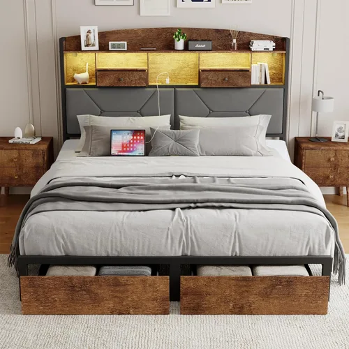 Miniatura 8 de DOGIBIXO Marco de cama negro de tamaño completo con 4 almacenamientos, marcos de cama de plataforma tapizados de terciopelo con cabecero capitoné
