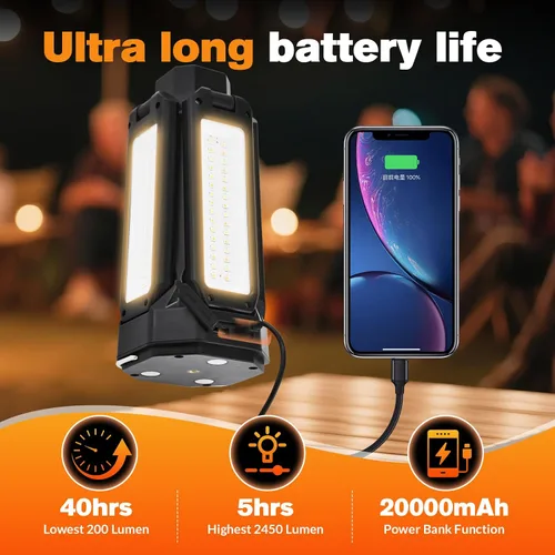 Miniatura 4 de SakerNeo Linterna y linterna de campamento de 6500 lm Banco de energía de 20000 mAh, tiempo de funcionamiento de 40 horas, trípode magnético 3